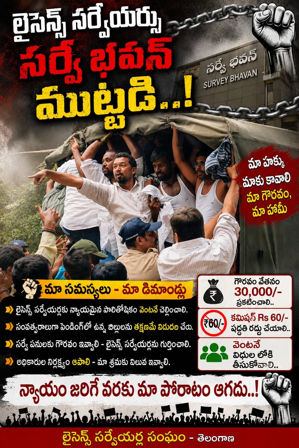 సర్వేభవన్ నీ ముట్టడించిన లైసెన్స్ సర్వేయర్లు