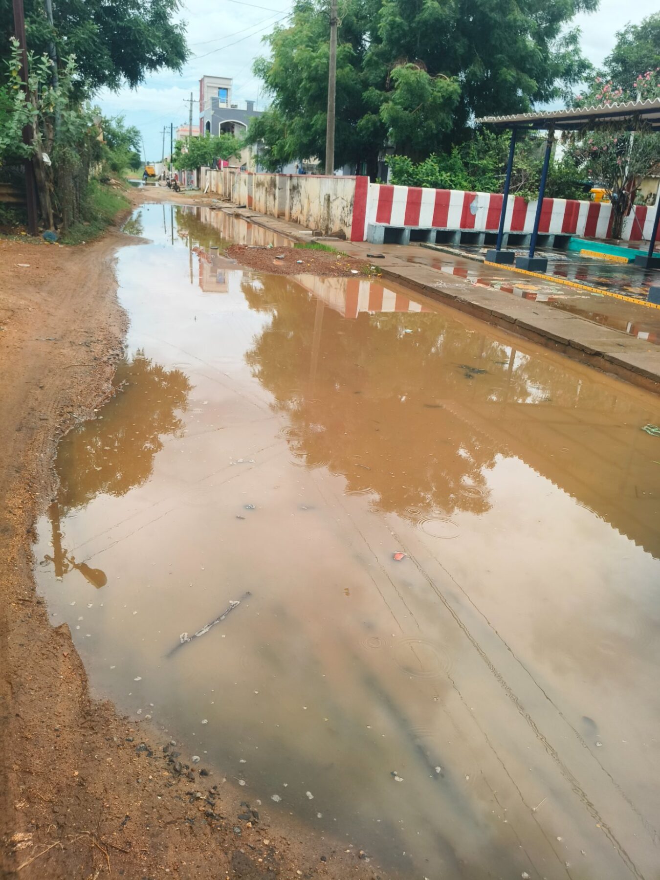బోగోలు మండలం చెంచులక్ష్మి పురంలో చిన్నపాటి వర్షానికే మురుగు నీరునిల్వ మధ్యలో కూలిపోయే స్థితిలో విద్యుత్ స్తంభం
