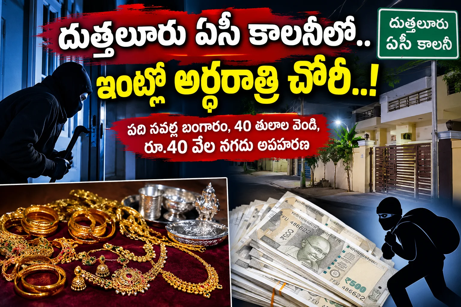 దుత్తలూరు ఏసీ కాలనీలో అర్ధరాత్రి చోరీ..! పది సవర్ల బంగారం, 40 తులాల వెండి, రూ.40 వేల నగదు అపహరణ